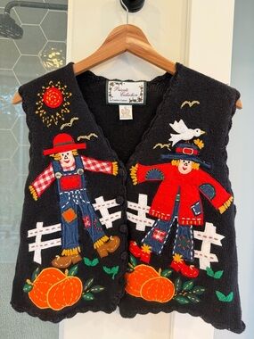 VTG CAROLINA COLOURS womens size L Halloween Fall Pumpkin Scarecrow knit vest